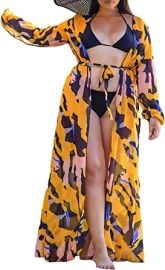 BEELADAN Women Sexy Print Open Front Swimsuit Cover Ups for SwimwearAdults See Through Long Sleeve Mesh One-Piece with Belt at Womens Clothing store at Amazon