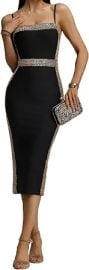 BELLA BARNETT Black Gold Trim Strap Midi Dress Cocktail Party Bodycon Dress at Amazon