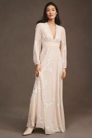 BHLDN Belize Embroidered A Line Long Sleeve V Neck Gown at Anthropologie