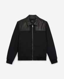 BLACK COTTON JACKET WITH LEATHER YOKE at The Kooples