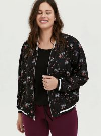 BLACK CREPE FLORAL & BIKE BOMBER JACKET at Torrid