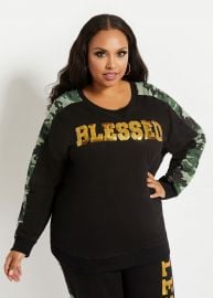 BLESSED CAMO SWEATSHIRT at Ashley Stewart