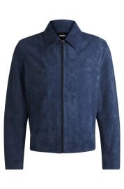 BOSS - Regular-fit jacket in soft suede with zip front - Blue at Hugo Boss