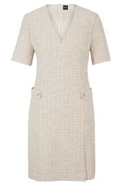 BOSS - V-neck dress in melange tweed with hardware-button trims - Patterned at Hugo Boss