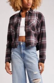 BP Plaid Crop Flannel Button Up Shirt in Black Thea Plaid at Nordstrom