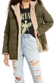 BP Quilted Cotton Faux Shearling Hooded Reversible Jacket In Olive Sarma at Nordstrom