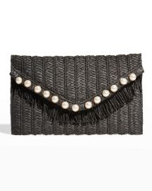 BTB Los Angeles JoJo Straw Pearl-Stud Fringe Clutch Bag at Neiman Marcus