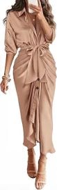 BTFBM Summer Dresses for Women 2026 Long Sleeve V Neck Button Down Elegant Belted Ruched Satin Silk Shirt Spring Dress at Amazon
