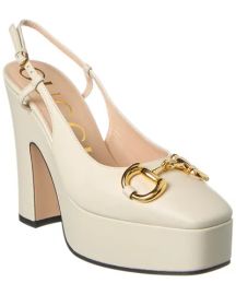 Baby Leather Bit Slingback Platform Pumps In White at Gucci