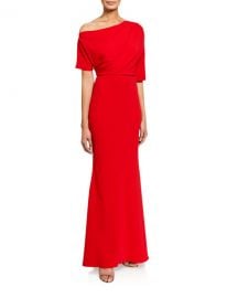 Badgley Mischka Collection Asymmetric One-Shoulder Elbow-Sleeve Column Gown at Neiman Marcus