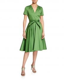 Badgley Mischka Collection Belted V-Neck A-Line Short-Sleeve Dress at Neiman Marcus