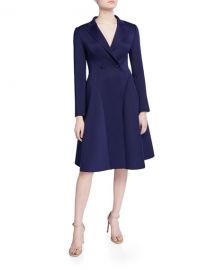 Badgley Mischka Collection Long-Sleeve Double-Breasted Fit- amp -Flare Scuba Coat Dress at Neiman Marcus