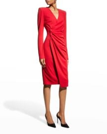 Badgley Mischka Collection Long Sleeve Side Draped Sheath Dress at Neiman Marcus