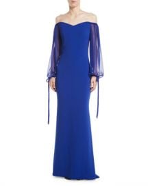 Badgley Mischka Collection Off-the-Shoulder Gown w  Balloon Sleeves at Neiman Marcus