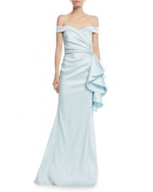 Badgley Mischka Collection Off-the-Shoulder Gown w  Side Ruffles at Neiman Marcus