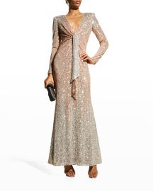 Badgley Mischka Collection Ombre Sequin Deep V-Neck Gown at Neiman Marcus