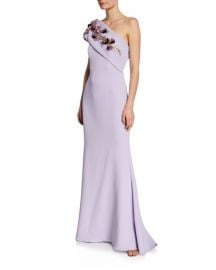 Badgley Mischka Collection One-Shoulder Gown w  Embellished Flower Sash Detail at Neiman Marcus