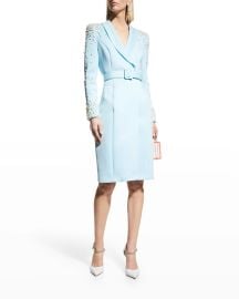 Badgley Mischka Collection Pearl-Embellished Shawl-Collar Dress at Neiman Marcus