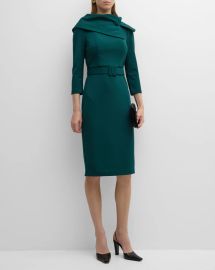 Badgley Mischka Collection Reo Belted 3 4 Sleeve Sheath Dress in Forest at Neiman Marcus