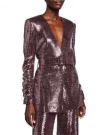 Badgley Mischka Collection Sequin Crush-Sleeve Belted Jacket at Neiman Marcus