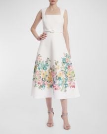 Badgley Mischka Collection Square-Neck Floral-Print Midi Dress at Neiman Marcus