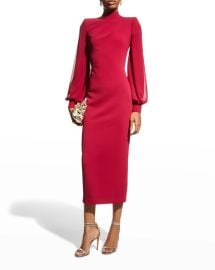 Badgley Mischka Collection Twist Mock Neck Georgette Sleeve Midi Dress at Neiman Marcus