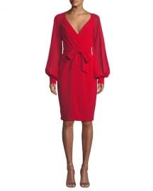 Badgley Mischka Collection V-Neck Blouson-Sleeve Faux-Wrap Cocktail Dress at Neiman Marcus