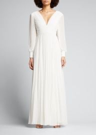 Badgley Mischka Collection V-Neck Long-Sleeve Pleated Gown - at Bergdorf Goodman