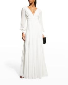 Badgley Mischka Collection V-Neck Long-Sleeve Pleated Gown at Neiman Marcus