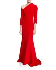 Badgley Mischka Couture One-Shoulder Crepe Gown with Structured Neckline at Neiman Marcus