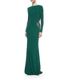 Badgley Mischka Long-Sleeve Draped-Back Beaded Gown at Neiman Marcus