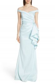 Badgley Mischka Platinum Off the Shoulder Ruffle Detail Gown at Nordstrom