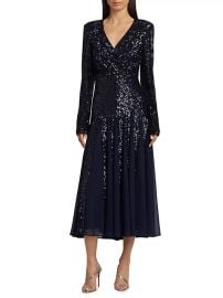 Badgley Mischka Sequined Pleated Midi Dress in Navy at Saks Fifth Avenue