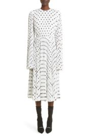 Balenciaga Polka Dot Pleated Long Sleeve Midi Dress at Nordstrom