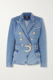 Balmain - Double-breasted belted denim blazer at Net A Porter