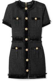 Balmain - Velvet-trimmed frayed metallic tweed mini dress at Net A Porter