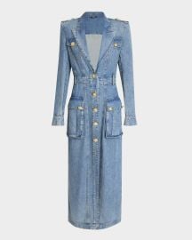 Balmain Belted Pocket Detail V-Neck Denim Midi Dress at Neiman Marcus