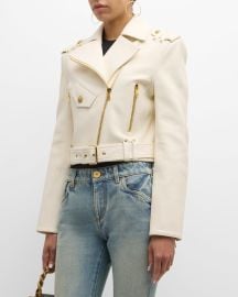 Balmain Cropped Leather Moto Jacket with Belt at Neiman Marcus