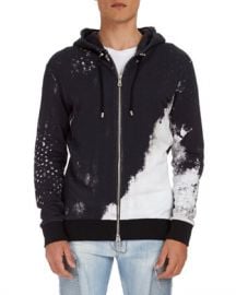 Balmain Distressed-Print Zip-Front Hoodie at Neiman Marcus