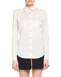 Balmain Dotted Poplin Long-Sleeve Button-Down Blouse at Neiman Marcus