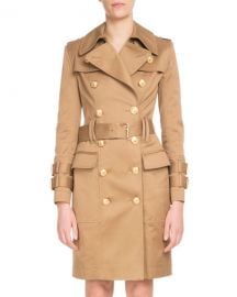 Balmain Double-Breasted Golden-Button Belted Trench Coat at Neiman Marcus