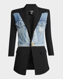 Balmain Long Hybrid Denim Wool Blazer at Neiman Marcus