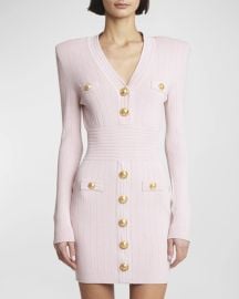 Balmain Long-Sleeve Buttoned Short Knit Dress at Neiman Marcus