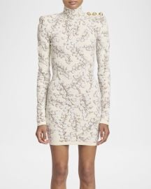 Balmain Long-Sleeve Velvet Groseille Knit Mini Dress at Neiman Marcus