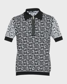 Balmain Maxi Monogram Wool Linen Polo Shirt at Neiman Marcus