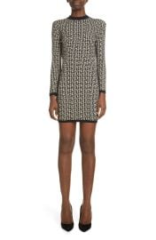 Balmain Monogram Jacquard Long Sleeve Jersey Minidress in Ivory/Black  at Nordstrom