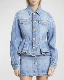 Balmain Peplum Denim Jacket with Gold-Tone Buttons at Neiman Marcus