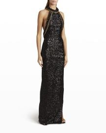 Balmain Sequined Halter-Neck Chain-Trim Column Gown at Neiman Marcus