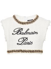Balmain Signature-embroidered Tweed Crop Top White at Farfetch