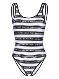 Balmain Striped logo-print Swimsuit White at Farfetch